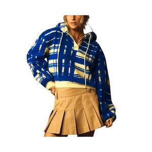 Anthropologie Porridge Quinn Fleece Hoodie Women 2X Blue Beige Oversized Cropped